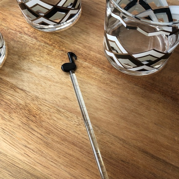 VINTAGE MCM short glass bar ware glasses black white metallic chevron print mod - Picture 7 of 11